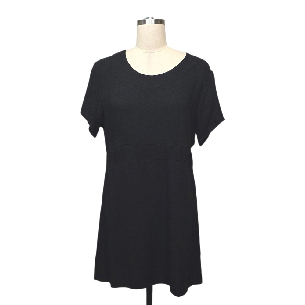 FLAX Black Rayon Short Sleeve Button Back Mini Dress Size Small Lagenlook Tunic